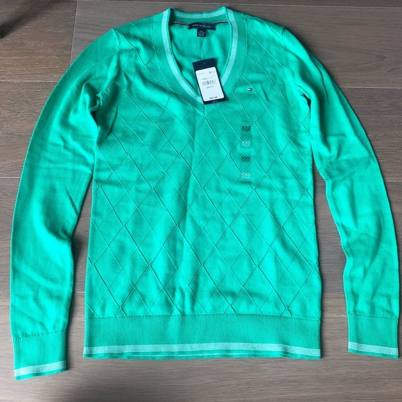New NWT Tommy Hilfiger essential argyle sweater green v neck sweater size XXS - Picture 1 of 7